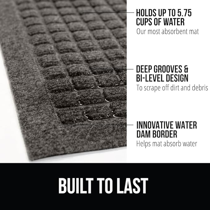 GORILLA GRIP Front Door Mat, 35x23, Indoor Outdoor Ultra Absorbent HydroAbsorb Doormat, Absorbs Up to 5.7 Cups of Water, Stain and Fade Resistant, Rubber Backing Doormats, Captures Dirt, Charcoal