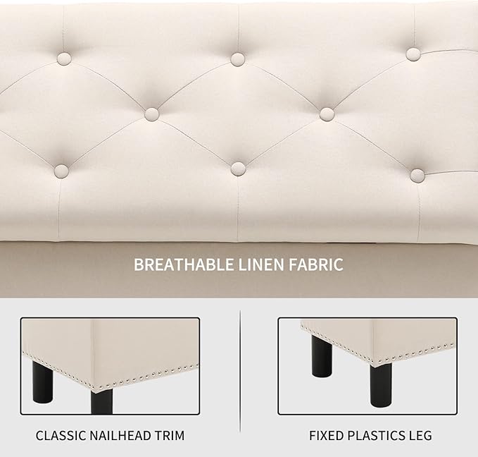 Furnimart 42.5 Inch Storage Ottoman Bench, Flip Top End of Bed Storage Bench, Upholstered Blanket Bench for Bedroom, Entryway, Living Room, Tufted Linen (Beige)