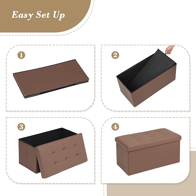 Athena Collection 30" Storage Ottoman Bench Folding Bench with 90L Hidden Storage, Large End of Bed Bench PU Leather Foot Rest Stool Chest with Flipping Lid for Living Room, Bedroom, Entryway, Brown
