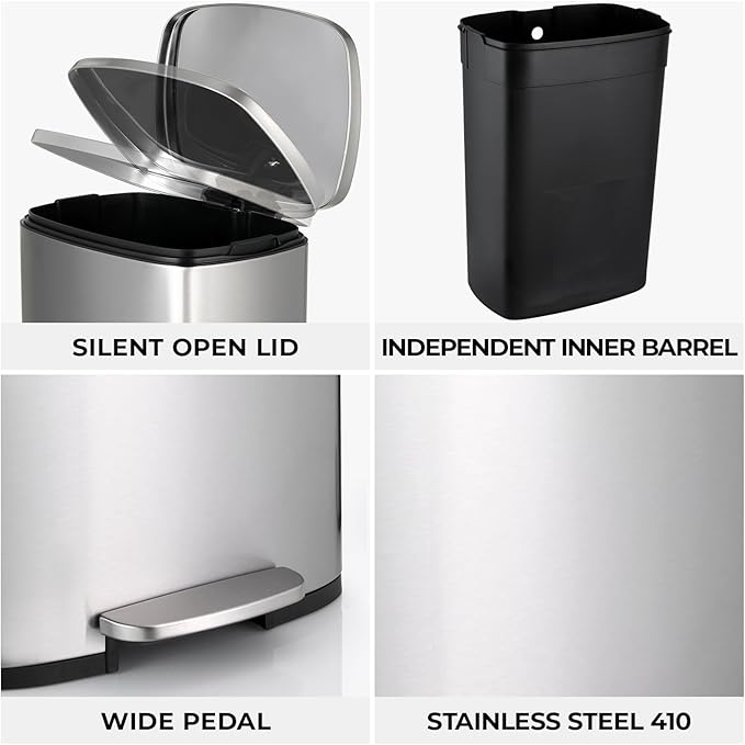 8 Gal Kitchen Trash Can, 30L Recycling or Garbage Bin, Brushed Stainless Steel Waste Basket, Soft&Quiet Close Dustbin, with Step-On Pedal, Removable Inner Bucket, for Home, Office, LIving Room