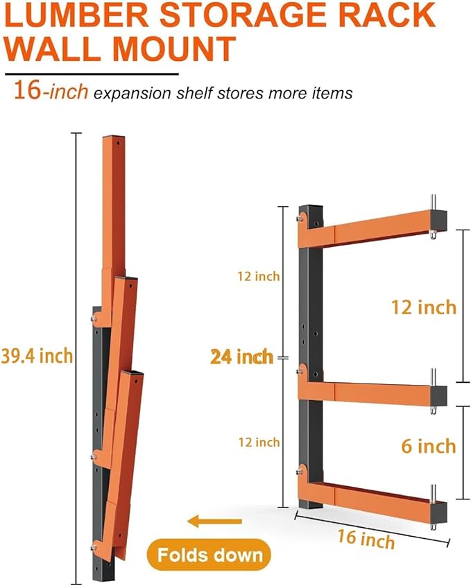 Lumber Rack Heavy Duty Wood Racks Wall Mount Folding Lumber Storage Racks with 3-Level Holds Up 360 LBS Sturdy Folding Garage Wood Organizer Orange Shelving Metal Shelf for Indoor & Outdoor- 2 Pack
