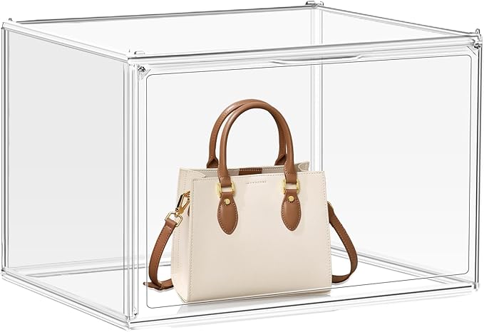 1Pack Clear Stackable Plastic Storage Bins with Magnetic Lid, X-Large Acrylic Display Cases for Book Cosmetic Figures Collectibles Showcase, Shoe Box, Bag Organizer