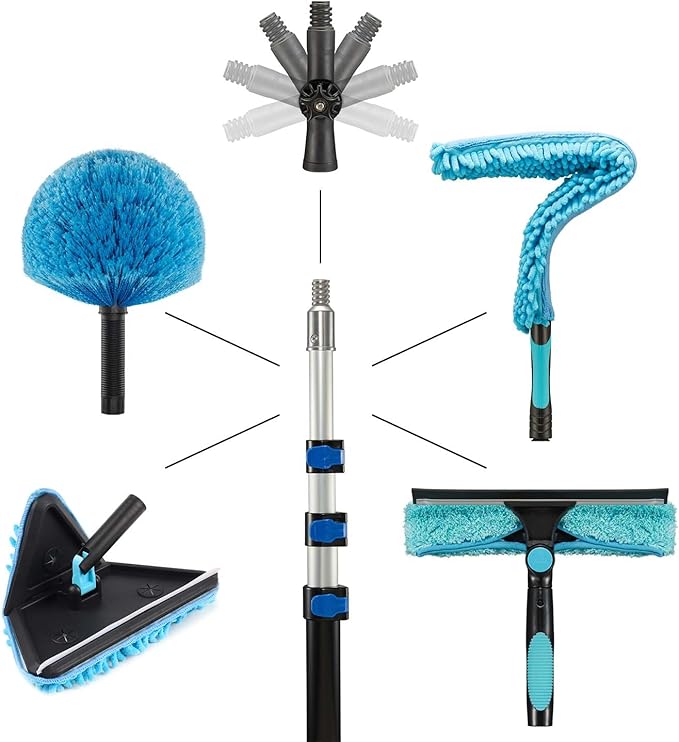 16 Feet High Ceilings Baseboard Wall Cleaner Mop with 8 Ft Extension Pole, Cobweb Duster, Window Cleaning Squeegee Kit (8ft)