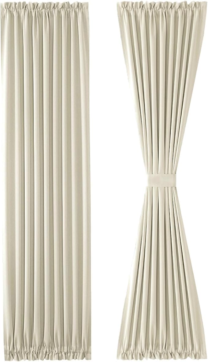 DWCN French Door Curtains – Rod Pocket Thermal Blackout Curtain for Doors with Glass Window, Kitchen and Patio Doors for Privacy, 25 X 72 Inches Long, 1 Curtain Panel with Tieback, Light Beige