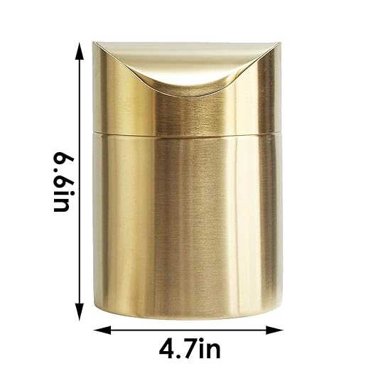 Stainless Steel Trash Can with Swing Lid, Mini Countertop Trash Bin Bathroom, Golden Desktop Garbage Cans Tiny Kitchen Waste Bins with Trash Bag