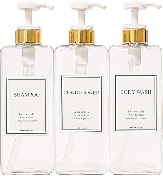 Modern Gold Design Large 27 oz Shampoo and Conditioner Dispensers - Empty Plastic Refillable Pump Bottle Set for Bathroom Shower Soap Dispenser, Set of 3 (Clear & White)