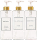 Modern Gold Design Large 27 oz Shampoo and Conditioner Dispensers - Empty Plastic Refillable Pump Bottle Set for Bathroom Shower Soap Dispenser, Set of 3 (Clear & White)