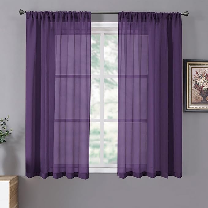 Tollpiz Sheer Curtains Living Room Linen Textured Curtain Sheers Light Filtering Voile Rod Pocket Curtains for Bedroom, 38 x 63 inches Long, Royal Purple, Set of 2 Panels
