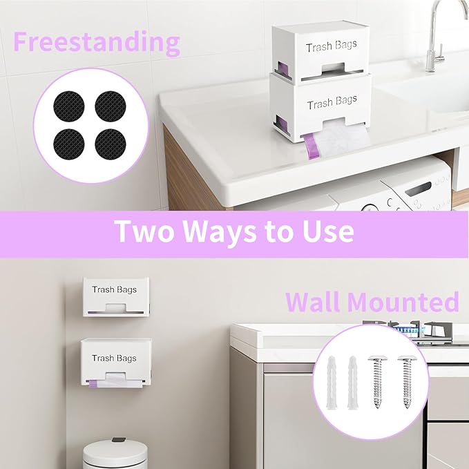 2-Pack Trash Bag Holder Dispenser, Stackable Garbage Bag Dispenser, Extra Large Trash Organizer for Kitchen Laundry Under Sink, Wall Mounted or Freestanding, Metal White