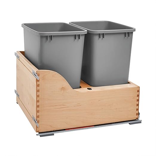 Rev-A-Shelf Pullout Trash Cans for Kitchen Cabinet, Dual 35 Qt Bins with 18" Wood Frame - Large Garbage Bin Containers for Home Waste Storage and Recycling