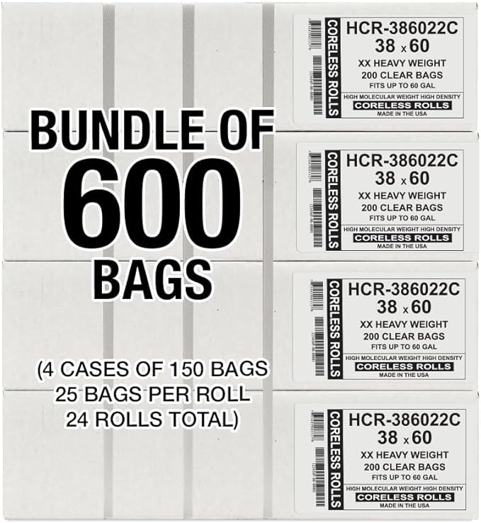 Aluf Plastics High Density Trash Bags, 60 Gallon, 600 Count, 22 Micron (eq), 38" x 60", Clear, for Bathroom, Office, Industrial, Commercial, Janitorial, Municipal, Recycling