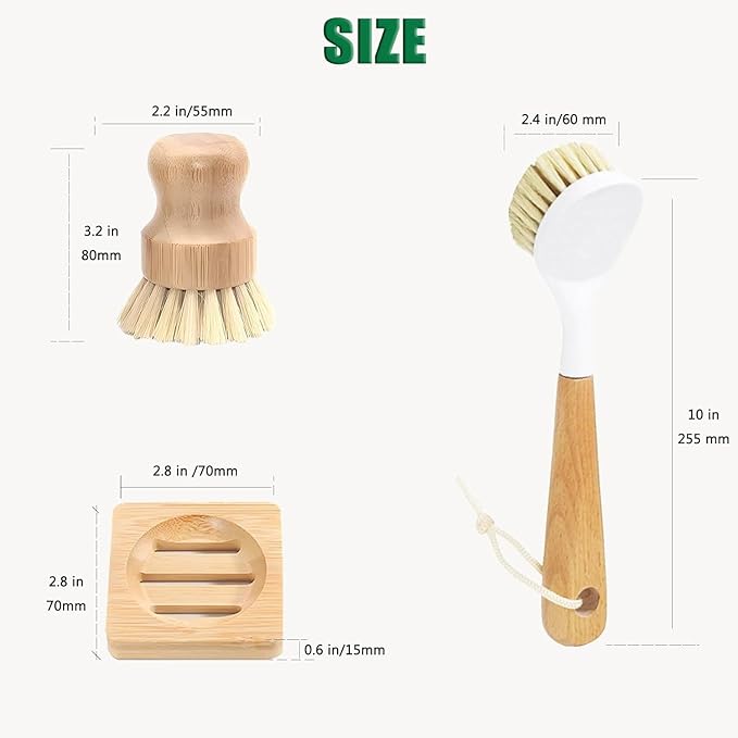 Wooden Dish Brush, Natural Bristle Dish Brushes with Handle, Wooden Handle Soft Scrubber Kitchen Brush for Dishes and Vegetables