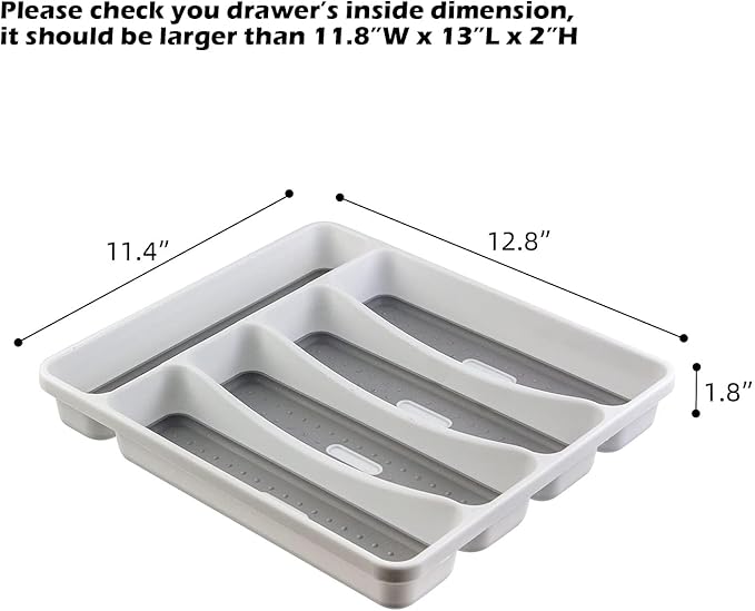 LeMuna Silverware Tray for Drawer, Plastic Cutlery Tray Kitchen Drawer Organizer, 5 Compartment Flatware Cutlery Organizer, Soft-Grip Lining and Non-Slip Rubber Feet