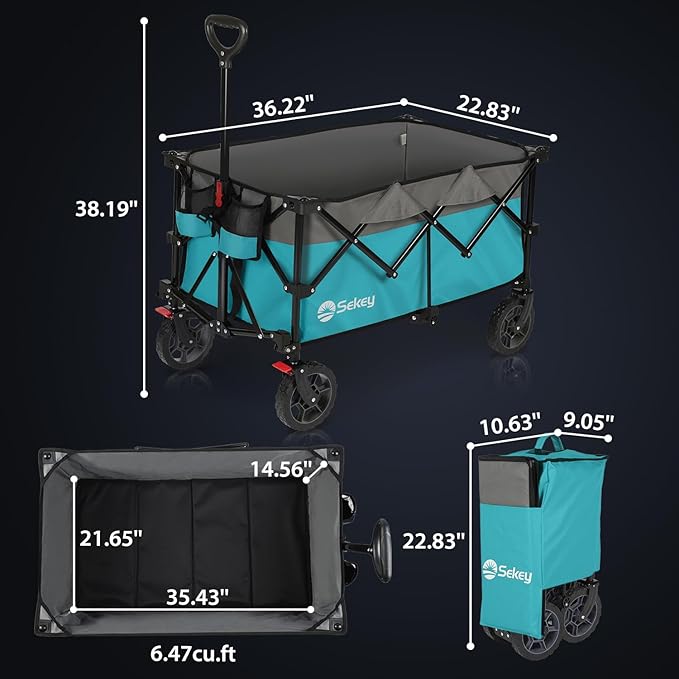 Sekey 220L Collapsible Foldable Wagon with 330lbs Weight Capacity, Heavy Duty Folding Wagon Cart with Big All-Terrain Wheels & Drink Holders (Turquoise)