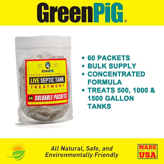 GREEN PIG Septic Tank Treatment - Extra-Large Shareable Quantity, Septic Safe Clog Remover, Prevents Expensive Septic Tank and Drain Field Failures, 60 Pods