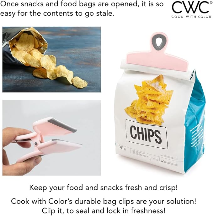 COOK WITH COLOR Bag Clips - Heavy Duty Chip Clip and Refrigerator Magnet Clips for Food Storage with Air Tight Seal Grip, Pink, Pack of 4 Large Clips