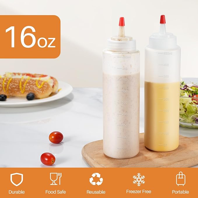Squeeze Bottles, 16oz Leak-Proof Wide Mouth Condiment Squeeze Bottles for Liquids Sauces Ketchup Oil, 3 Pack