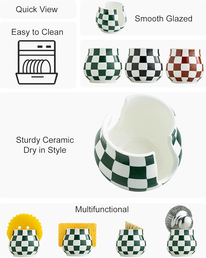 Kitchen Sponge Holder, Ceramic Sponge Organizer Checkered Scrubby Holder Sink Caddy Scrub Dish Rack for Kitchen, Bathroom, Sink Decor, Green and White
