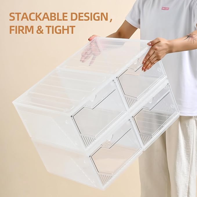 Modular XX-Large Shoe Organizer,6 Pack Shoe Storage Organizer Easy to Assemble,Shoe Box Clear Plastic Stackable,Drop Front Shoe Box with magnetic Door, Containers For Sneaker,Fit up to US Size 15
