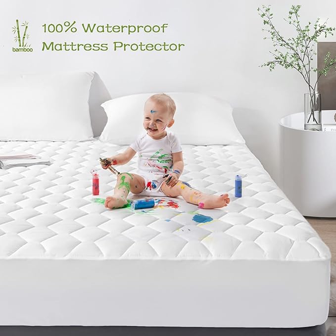 GRT Twin XL Mattress Protector Waterproof, Rayon from Bamboo, Cooling Quilted Fitted Mattress Pad, Noiseless Waterproof Mattress Cover, fits up to 18" Deep, Dust Proof White