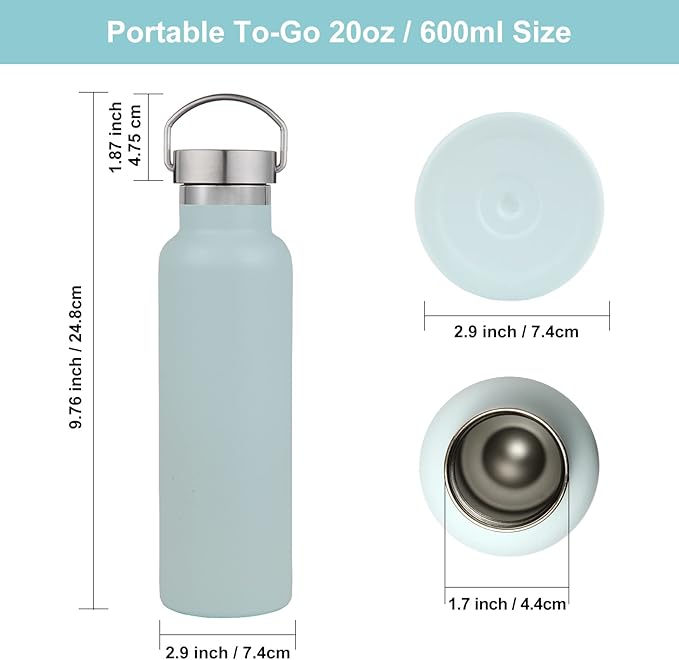 Neihepal 20 oz Insulated Water Bottles Bulk 4 Pack,Stainless Steel Double Wall Sport Bottle with Lid of Handle,Metal Reusable Thermoses Flask with Cup Cap for School,Hikers,Gift (Fog,Set of 4)