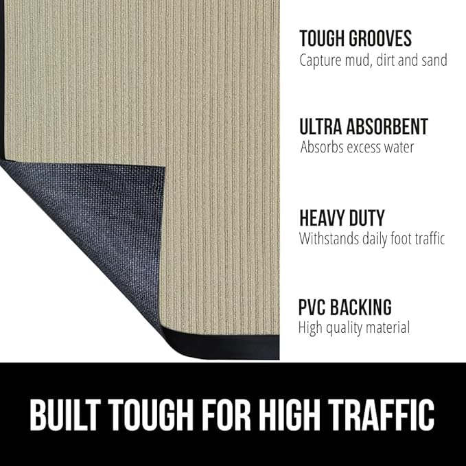 GORILLA GRIP Traffic Guard Door Mat, Heavy Duty Welcome Mats, Commercial Office Space Doormat, Waterproof, Fade Resistant, Strong Rubber Backing, Low Profile, Shoe and Boot Scraper, 35x23, Beige