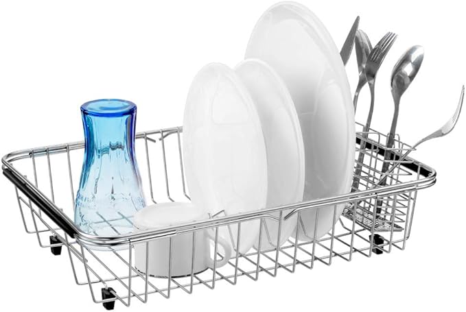 SANNO Expandable Dish Drying Rack Over Sink Dish Rack Shelf in Sink or On Countertop with Stainless Steel Utensil Holder Rustproof Stainless Steel