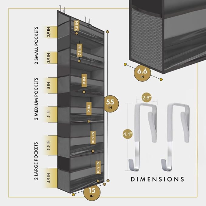 HOMELUX THEORY 1PC Heavy Duty Over the Door Organizer 55x14x6.7, 6 Large Front & 12 Side Pockets, Hanging Storage Closet Door Organizer for Bedroom, Bathroom and Baby Nursery Storage (Dark Gray)