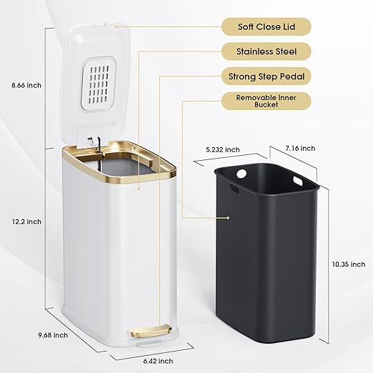 CEROELDA Small Bathroom Trash Can with Lid Soft Close-5L/1.3 Gal Slim Garbage Can-Metal Step Wastebasket-Rectangle Narrow Waste Bin for Office, Bedroom, Toilet, Live Room (White)
