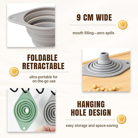 Kitchen Funnel Set 3 Pack, Collapsible Silicone Funnels for Filling Water Bottles & Small Bottles | Food-Grade, Easy Clean & Space-Saving (Green)