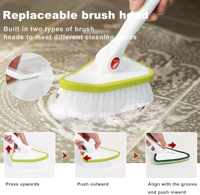 CQT 2 in 1 Bathroom Cleaning Brush with 48" Extendable Long Handle Detachable Scrub Brush with 2 Scrubber Heads and 2 Scouring Pad Head for Cleaning Bathtub Shower Bathroom Wall Bathtub Floor