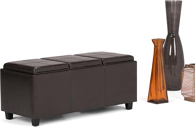 SIMPLIHOME Avalon 42 inch Wide Contemporary Rectangle Storage Ottoman in Tanners Brown Vegan Faux Leather, Assembled, for the Living Room, Entryway and Family Room