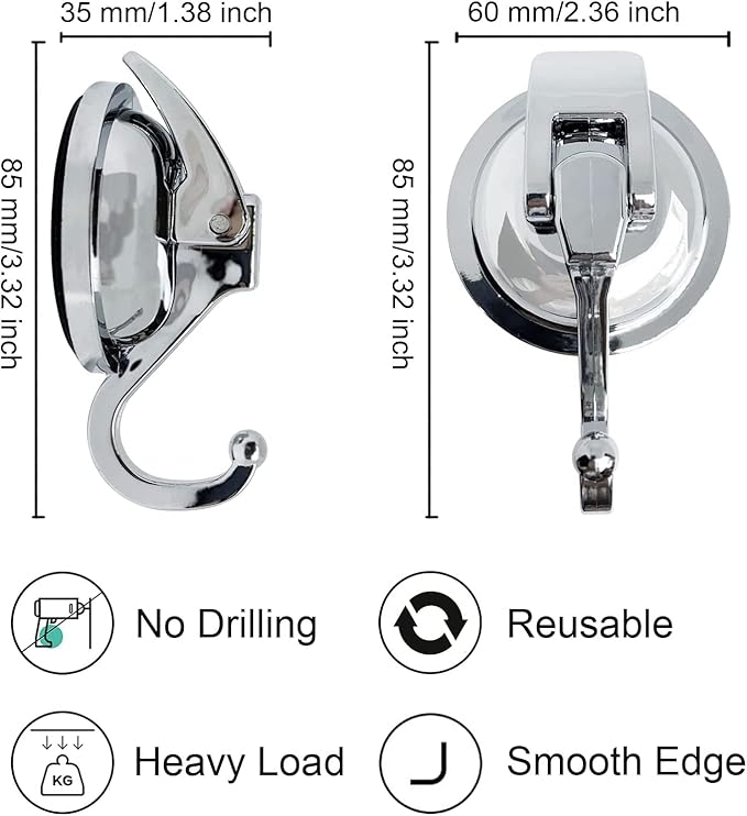 Suction Cup Hooks - Heavy Duty Glass, Reusable, No Hole Punched, for Bathroom Robe & Garland (Silver, 4 Pack)