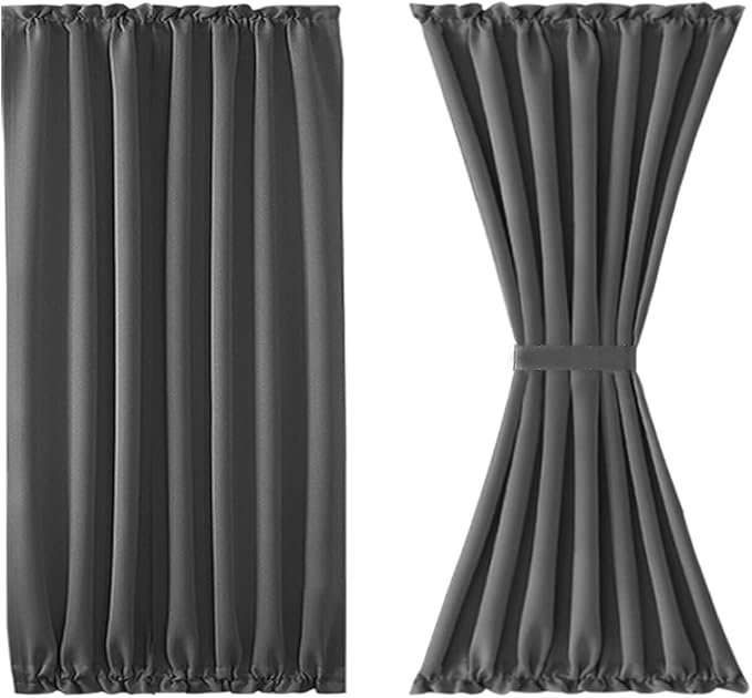 DWCN French Door Curtains – Rod Pocket Thermal Blackout Curtain for Doors with Glass Window, Kitchen and Patio Doors for Privacy, 54 X 40 Inch Length, 1 Curtain Panel with Tieback, Dark Grey