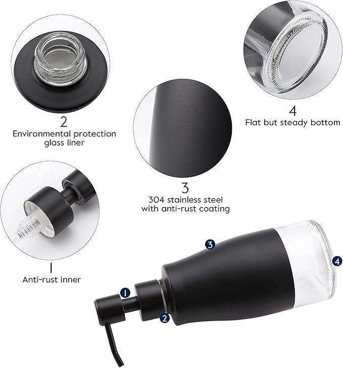 Gaussra Black Soap Dispenser with Coasterand Stickers, Refillable Liquid Stainless Steel Soap Dispenser for Kitchen Sink, Bathroom Countertop (11OZ / 320ML)