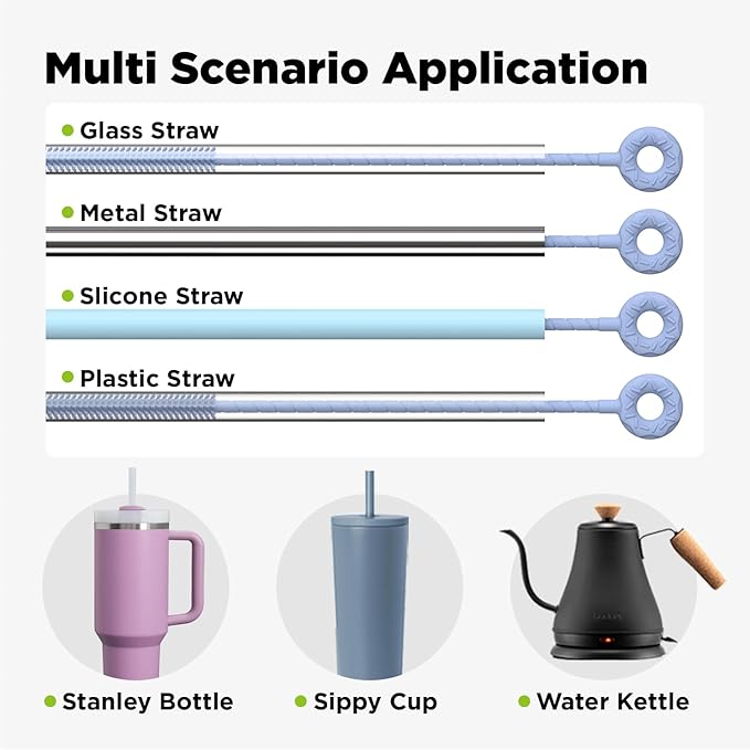 2 Pcs Silicone Straw Cleaner Brush, Extra Long Cleaning Brushes for Straws, 6mm&9mm, Blue