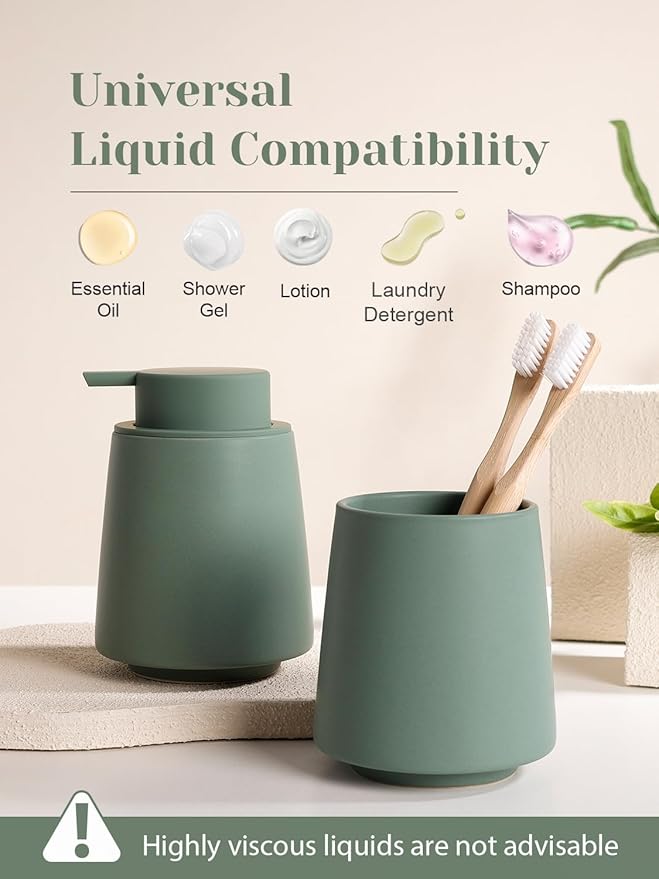 INGOFIN Ceramic Soap Dispenser, 14 oz Bathroom Hand Soap Dispenser, Liquid Dispenser with Pump, Refillable Modern Lotion Dish Dispenser for Kitchen, Matte Green