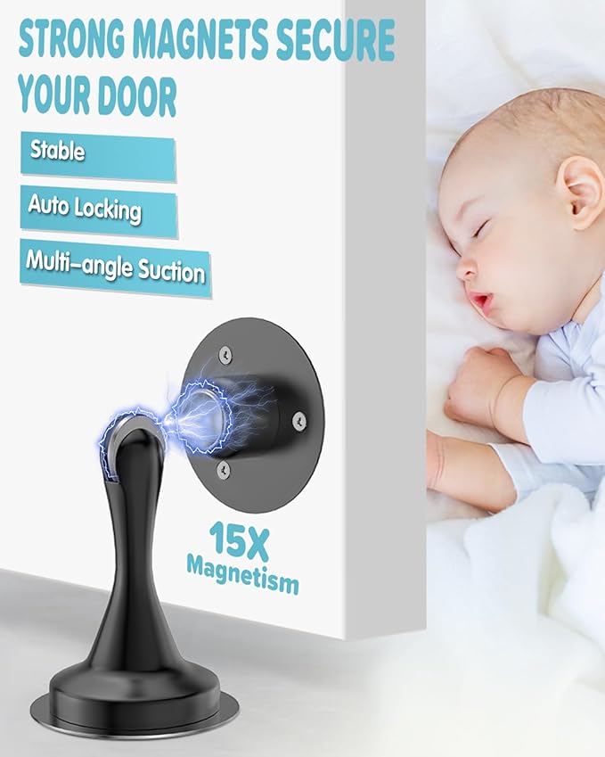 Door Stoppers Magnetic Door Catch - 1 Pack Stainless Steel Heavy Duty Door Stops for Bottom of Door, Wall & Floor Mounting No-Drill Strong Adhesive & Screws, Door Holder to Keep Door Open