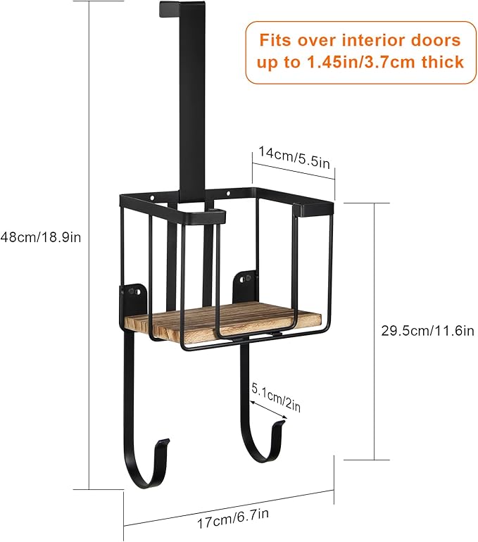 TJ.MOREE Wall Mount/Over The Door Ironing Board Holder with Large Storage Basket, Laundry Room Iron and Ironing Board Holder Storage Holder Black Middle