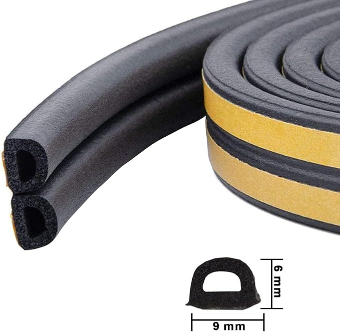 Weather Stripping Seal Strip Tape, Doors Windows Frame Self Adhesive D Type Foam Sealing Tape, 65.6Ft Rubber Soundproof Insulation Cell Foam Stripping, Black