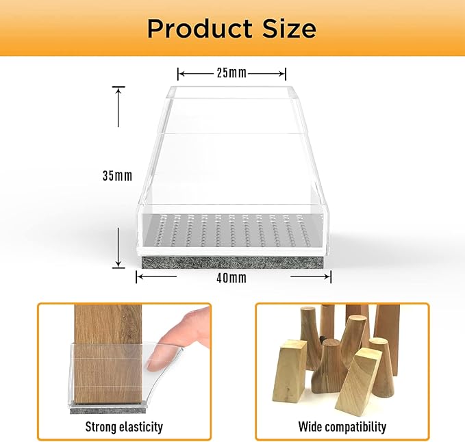 Square Chair Leg Protectors for Hardwood Floors,16 Pcs Silicone Felt Furniture Legs Caps to Prevent Floor from Scratches and Reduce Noise, Easy to Move,1.3-1.54",Clear.