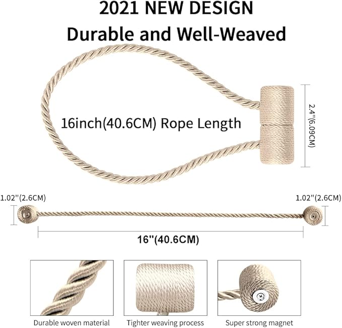 18 Inch Strong Magnetic Curtain Tiebacks, Curtain Holdbacks Modern Upgrade Strong 2021 New Twisted Style Decorative Drapery Rope Tie Backs(2 Pack Beige)