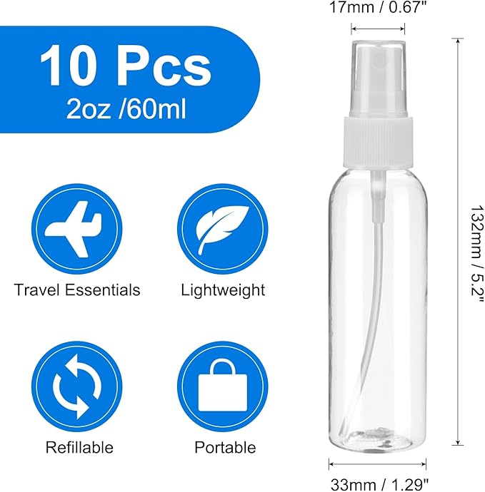 uxcell 10 Pack Spray Bottles, 2 Oz/60ML Clear Empty Mist Plastic Mini Travel Bottle Set,Small Refillable Liquid Containers for Household Use, Essential Oil, Cleaning (Transparent White)