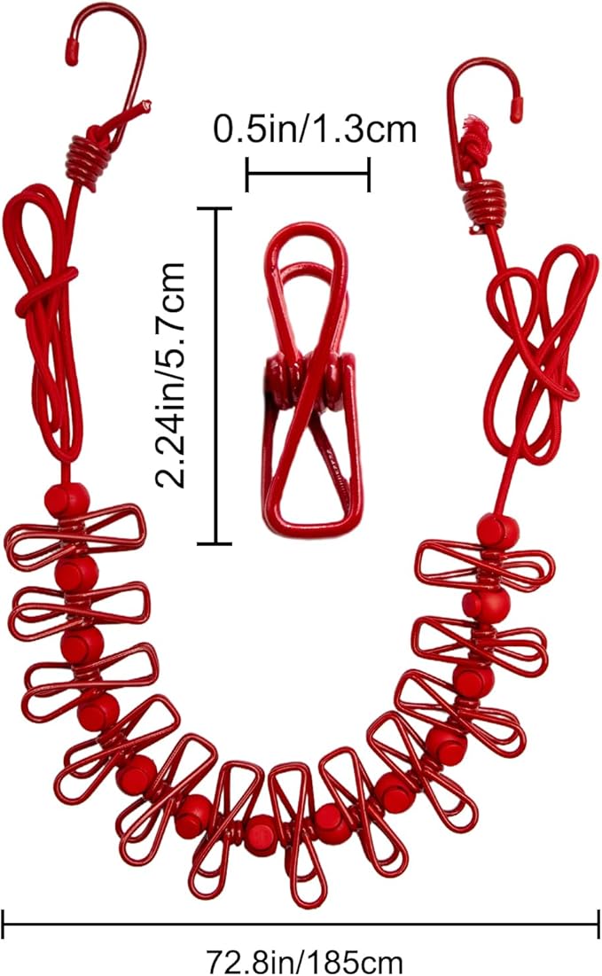 2 Pack Camping Clothesline Portable 12 Clothespins, Red Camping Accessories Travel Clothesline for Outdoor Indoor, Retractable Clothes Line Elastic Clothesline for Camper Hotel Room