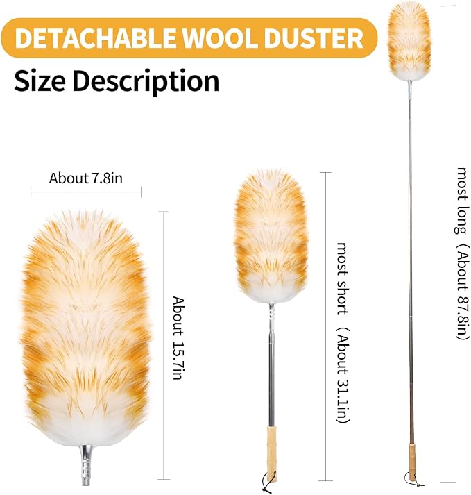Feathers Duster,Long Telescoping Lambswool Dusters with Stainless Steel Extension Pole Up to 87.8" for Cleaning High Ceiling Fan, High Ceilings,Furniture,Hard to Reach Areas