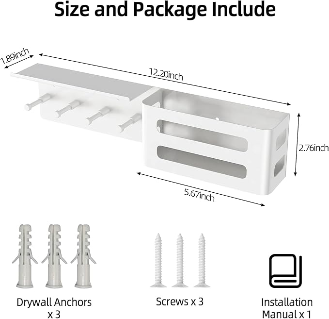 MKO Key Holder for Wall, 12.2In Mail Organizer Holder with Shelf, Metal Key Rack Adhesive Wall Mount, White