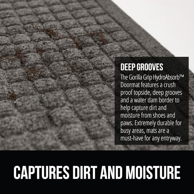GORILLA GRIP Front Door Mat, 72x24, Indoor Outdoor Ultra Absorbent HydroAbsorb Doormat, Absorbs Up to 2.75 Cups of Water, Stain and Fade Resistant, Rubber Backing Doormats, Captures Dirt, Charcoal