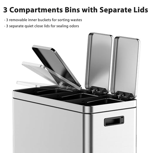 3 x 5.3 Gal (3 x 20L) Trash Can, Stainless Steel Triple Compartment Step-On Recycling Bin with Soft-Close Lids & Removable Plastic Inner Buckets for Kitchen, Home, Office