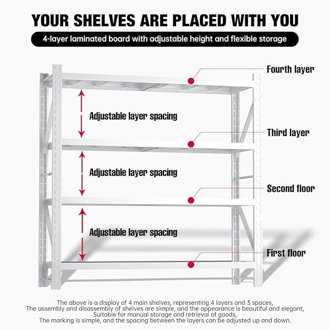 Heavy Duty Warehouse Shelving 4-Tier Industrial Steel Storage Shelves, 2600LB Capacity Per Shelf, Adjustable Shelves for Garage/Factory/Commercial Use (White, W47.24*D19.69*H78.74)