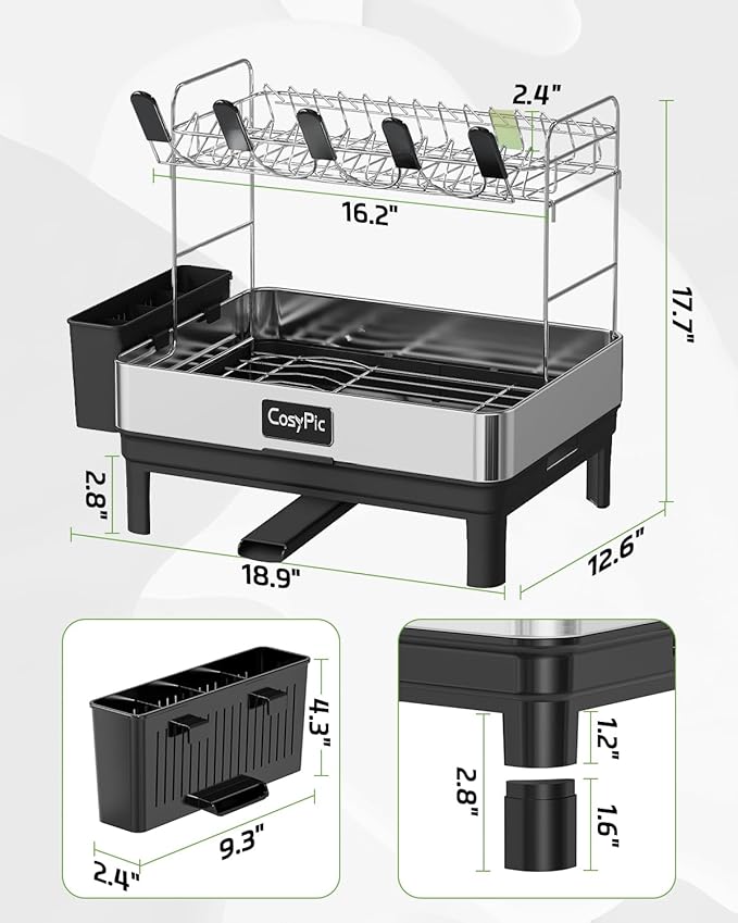 2 Tier Dish Drying Rack, Thicker Premium 304 Stainless Steel Dish Racks for Kitchen Counter, Automatic Drainage Spout, Dish Drainer & Drainboard Set with Utensil Holder and Cup Holder, Black